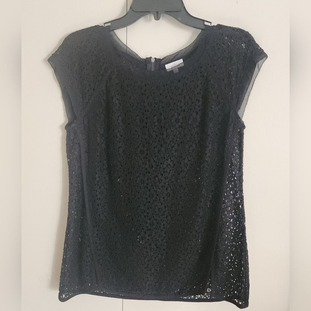 F80 Pixley Black See Thru+ Fitted Lace Top w Back Zipper & Short Sleeves
